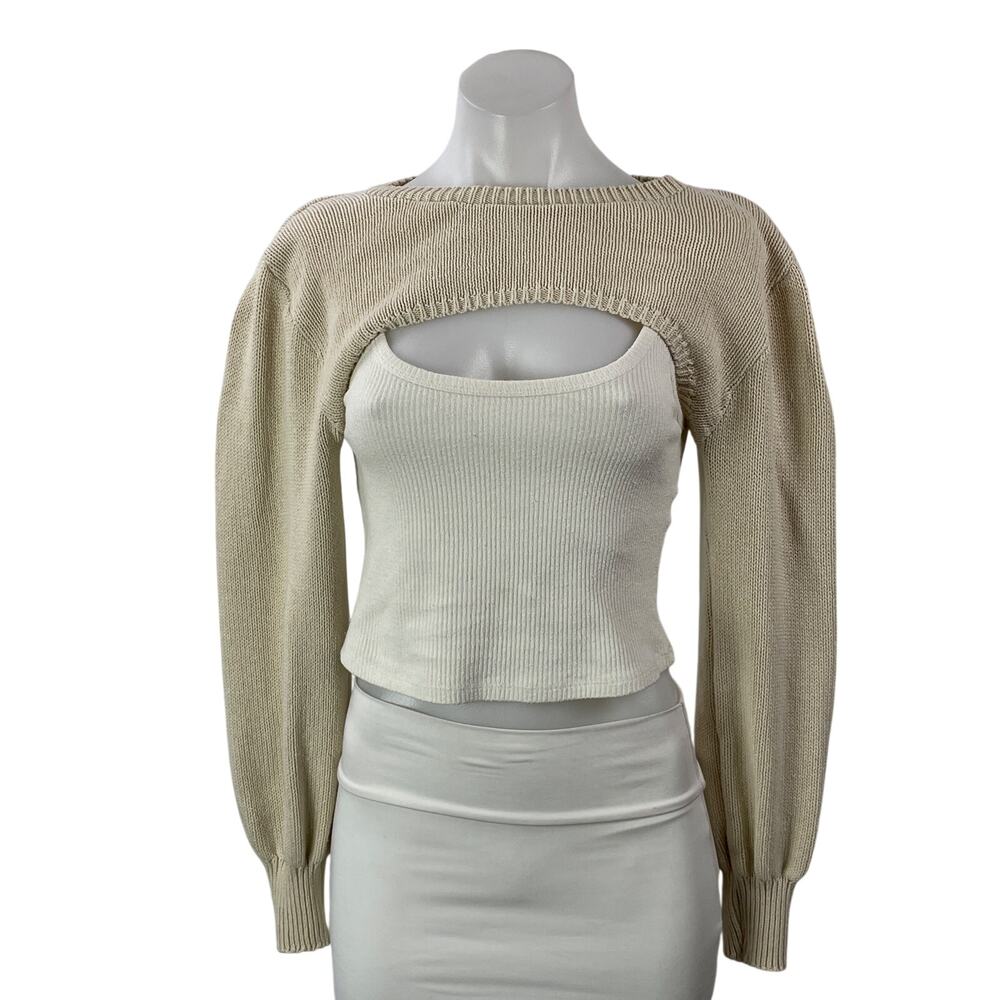 Zara Women's Beige Long Sleeve Ribbed Knit Crew Shrug Bolero Crop Top Size S